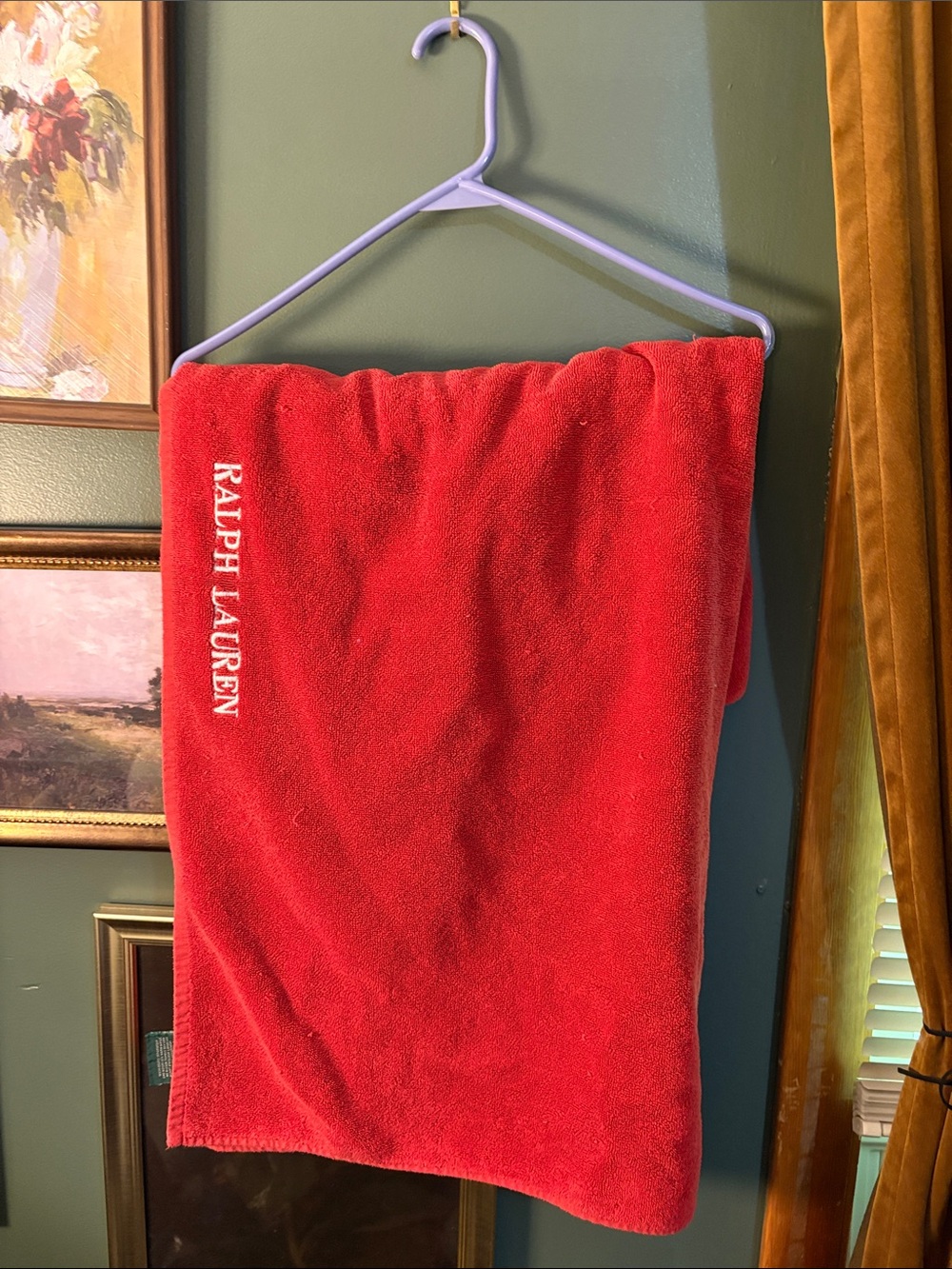 Ralph Lauren Red Bath Towel with White Logo Embroidery